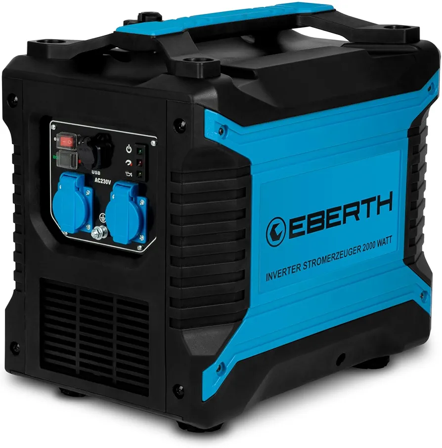 EBERTH Generador de Corriente Inverter 2000 W 3 CV, 2x Generador 230V con motor de gasolina de 4 tiempos, 2x USB, Generador de Corriente Portátil, Central Eléctrica Portátil 78,8cc 1 cilindro