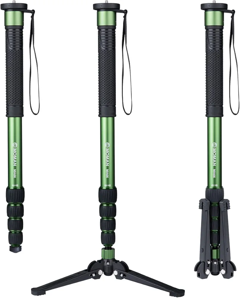 Moman Monopie, MA66 Monopie de Cámara con Trípode araña, Trípode de Viaje de Fibra de Carbono Compacto y Portátil, 5 Secciones hasta 168cm Capacidad de Carga 10kg para DSLR/videocámara, Negro Verde