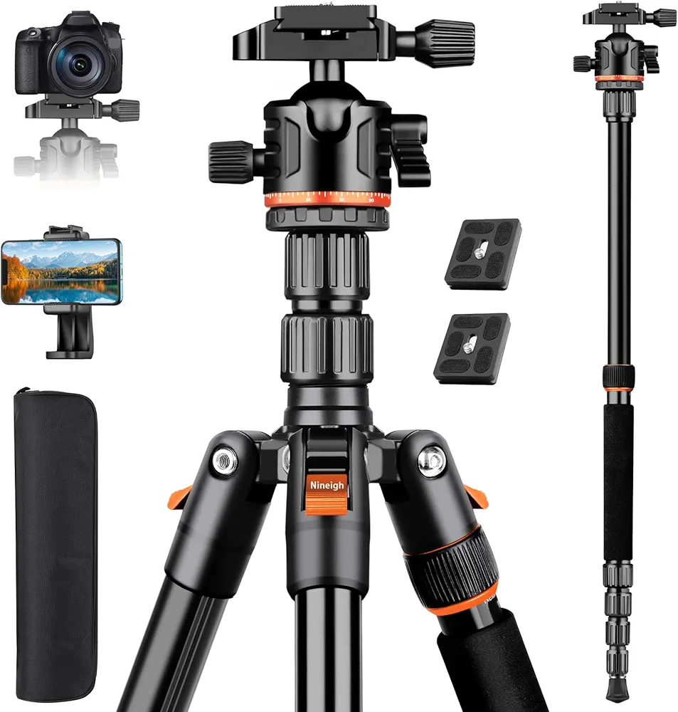 Nineigh 194cm Tripode Camara, Trípode Cámara Reflex Ligero en Aluminio, Trípode para Movil con Monopie y Soporte de Teléfono, Trípode Fotografía de Viaje 360° Panorámica para Canon Nikon Sony