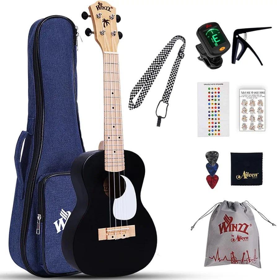 Winzz Ukelele Set para Adulto Principiantes y Niños, Ukelele Concierto de 23 Pulgadas con 9 Accesorios, 4 Cuerdas (Color: Negro, Madera)