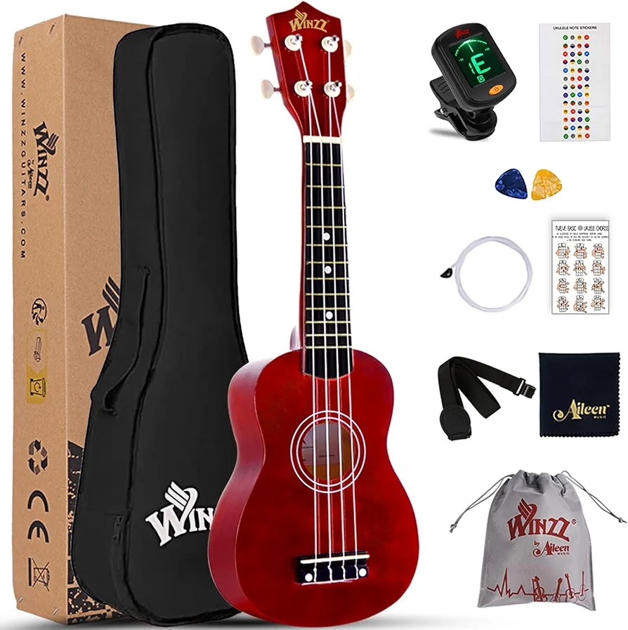 Winzz Ukelele Soprano Starter Kit para Principiante. Incluye: Funda, Afinador, Cuerdas Extra, Correa Ajustable, Púas, Pegatinas de notas, Guía de Acordes y Paño de pulido. Color: Marrón