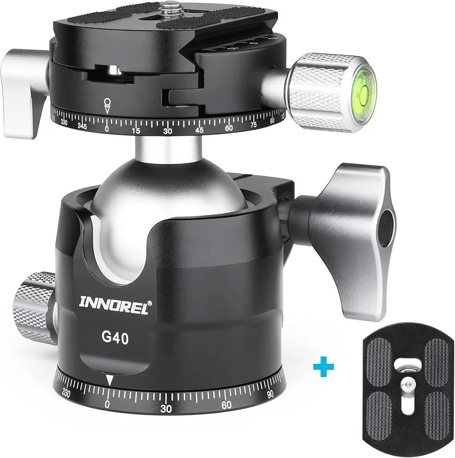 INNOREL G40 Rótula de Bola de trípode de Perfil bajo Rótula de trípode de cámara de Metal panorámica Doble con Placa de liberación rápida Arca Swiss para monopié, DSLR, Carga máxima de 20 kg