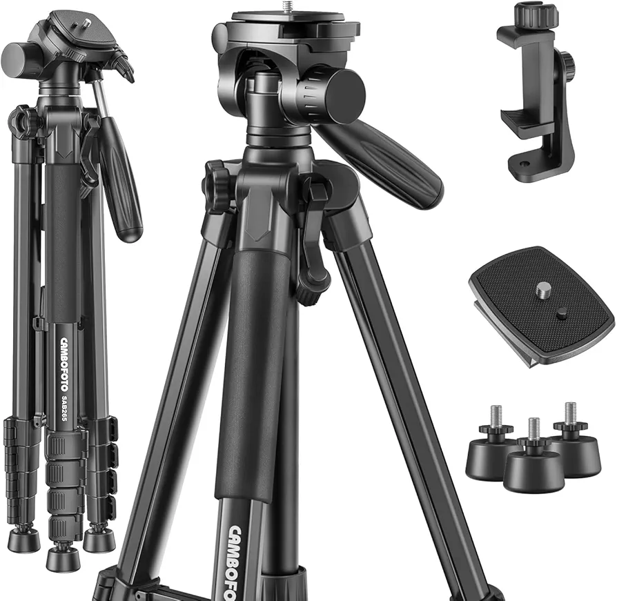 CAMBOFOTO Trípode Compacto de 74 "/188 cm para DSLR con Soporte para Teléfono 1/4 Montaje de Tornillo Universal Trípode Liviano Cabezal Panorámico de 3 Vías (Negro)