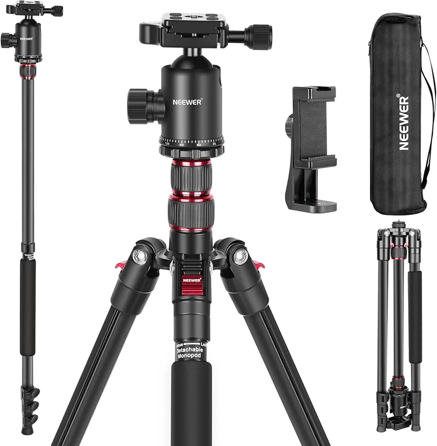 NEEWER 77"/197cm Trípode Monopod de Cámara para DSLR, Teléfono, con Cabeza de Bola Panorámica de 360°, Columna Central de 2 Ejes, Arca Tipo QR Placa, Aluminio Ligero Trípode de Viaje, Máx Carga 15,4kg