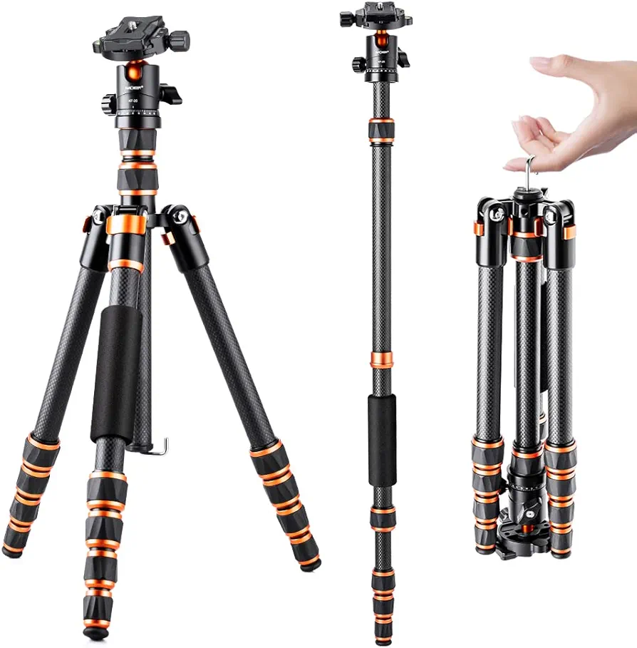 K&F Concept Trípode de Cámara, Trípode Carbono de Viaje Ligero, Trípode Fotografía Compacto con Monopié, 360° Rótula de Bola y Placa de Liberación para Cámara DSLR C225C0+BH-25(BA225)