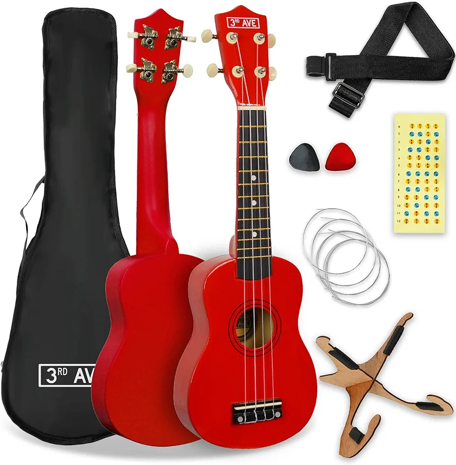 3rd Avenue Pack de ukulele soprano para principiantes de 21 pulgadas para principiantes – Con funda, soporte, correa, cuerdas, púas y marcadores adhesivos para el diapasón – Rojo