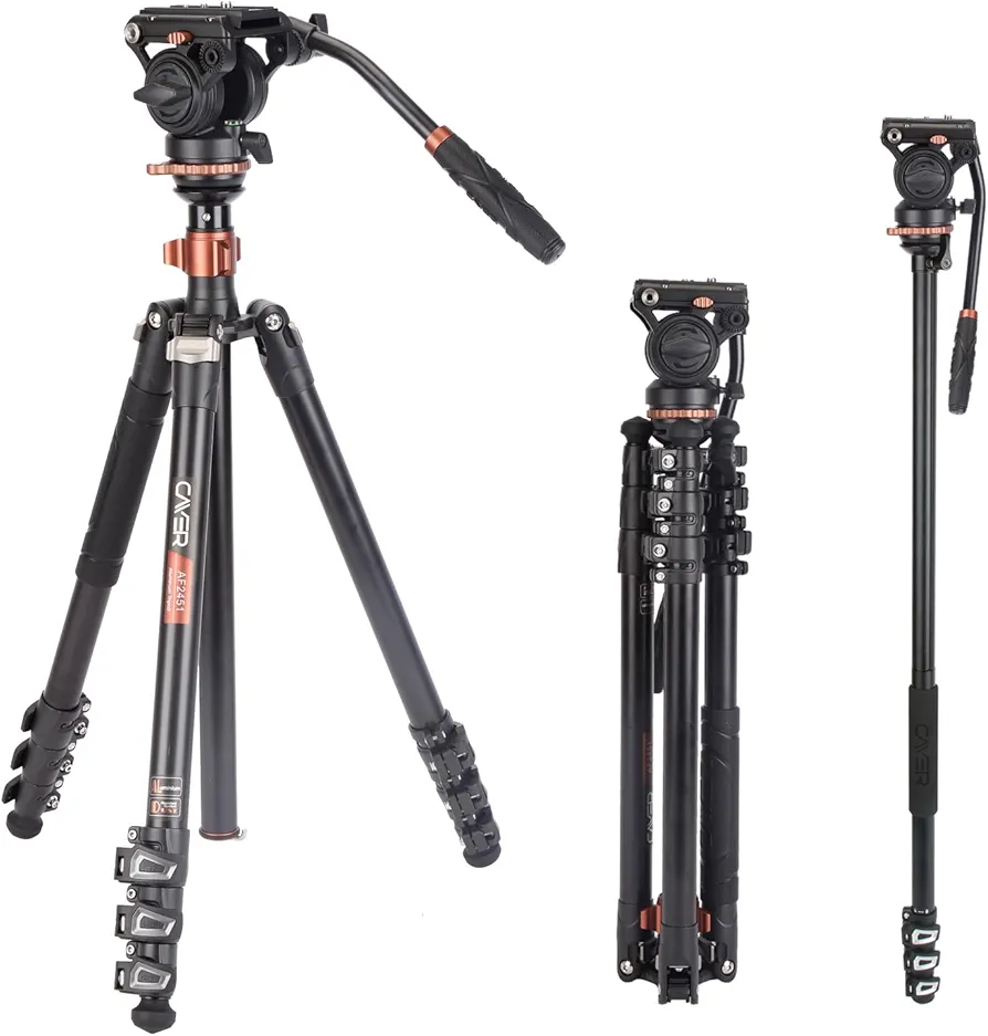 Kit de monopie para trípode de Video Profesional, Cayer AF2451 Trípode telescópico con Cierre telescópico de 67 Pulgadas con Cabezal de Fluido H4 y Base de trípode extraíble para cámaras DSLR