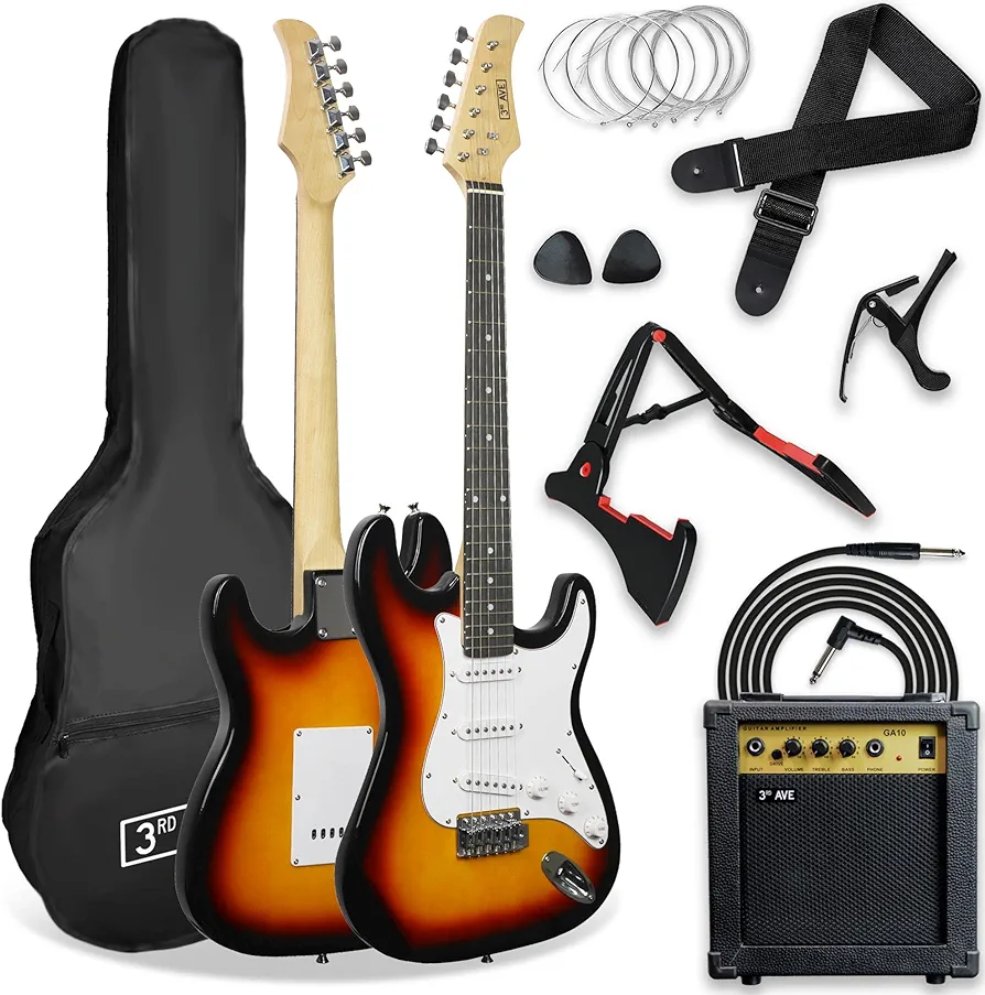 3rd Avenue XF Kit Definitivo De Guitarra Eléctrica 4/4 De Tamaño Completo Con Amplificador De 10 W, Afinador Digital, Cable, Soporte, Funda, Correa, Cuerdas De Repuesto, Púas Y Cejilla - Sunburst