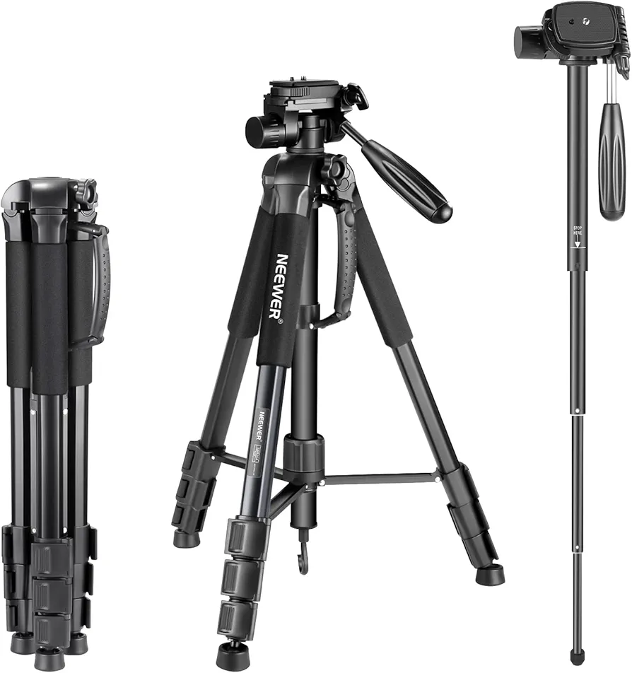 Neewer Portátil 177cm de Aleación de Aluminio Trípode Monopié con Cabezal Giratorio de 3 Vías, Bolsa para Cámara DSLR, Videocámara de vídeo DV, Carga hasta 8,8 libras/4 kg Negro (SAB264)