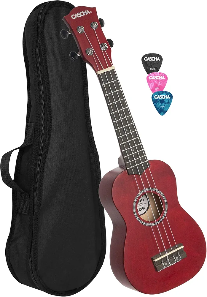 CASCHA Soprano Ukulele Rojo, pequeña guitarra hawaiana para niños y adultos con bolsa, 3 picos y cuerdas Aquila Ukulele