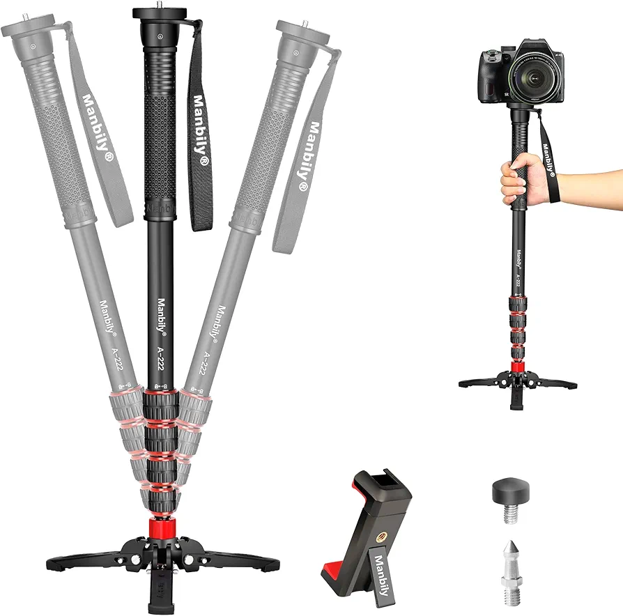 Manbily Monopod extensible de aluminio con pies, monopié de viaje portátil con base de trípode extraíble para videocámara DSLR Canon, Nikon, Sony, 5 secciones de hasta 67 pulgadas, carga máxima de