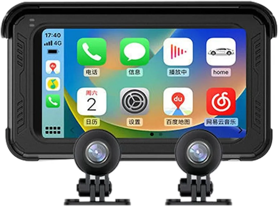 coserori Motocicleta Impermeable Inalámbrico Carplay Pantalla Táctil Android Auto Navegador GPS Grabadora de Motocicleta, 5 Pulgadas, con 2 Cámaras