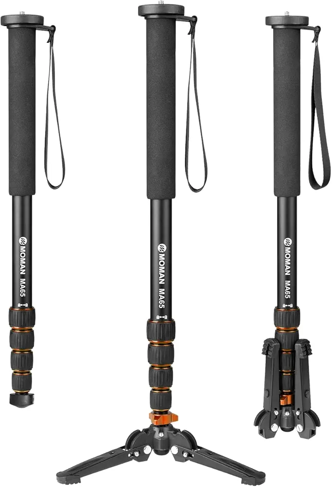 Monopié, Moman MA65 Monopod Viaje Ligero Extensible Portátil aleación de Aluminio con Base de Trípode para Cámara Reflex DSLR Vídeo Fotografia 50-165cm Máxima Carga 10kg, Negro Naranja