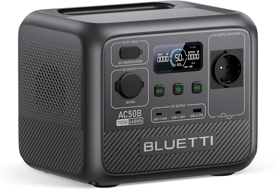 BLUETTI AC50B Generador Solar, Respaldo de Batería LiFePO4 de 448Wh, Salida de CA de 700W (Pico de 1000W), Salida PD USB-C de 65W, Generador para Camping, Emergencia, Viajes (panel solar opcional)