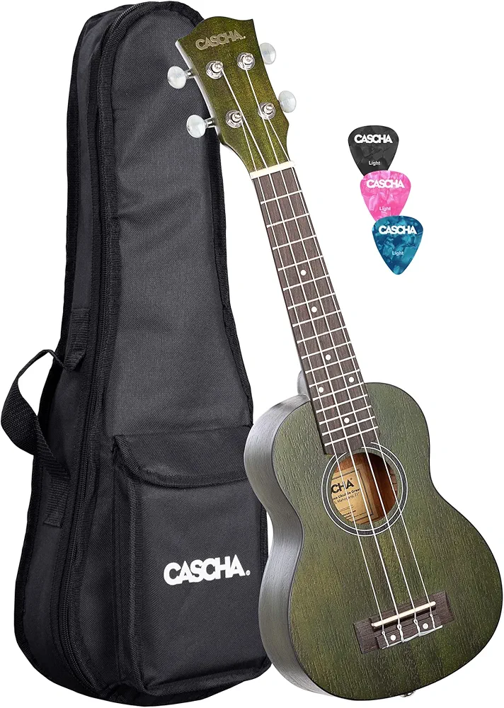 Cascha Ukelele soprano verde caoba I Ukelele Starter Kit de 3 púas de colores en funda I Ukelele soprano Premium caoba verde I Guitarra hawaiana pequeña para principiantes avanzados