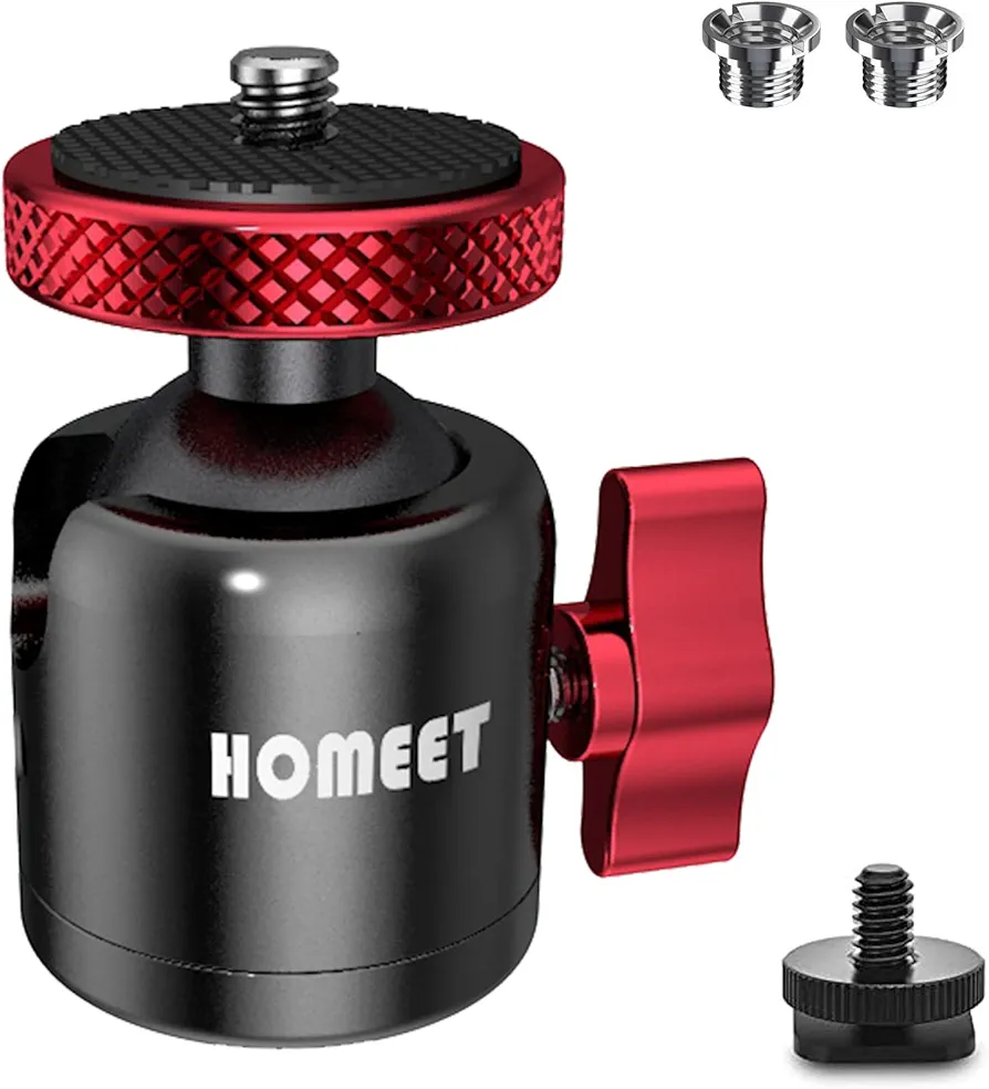 Homeet Mini rótula de trípode de 25 mm de diámetro, 10 kg de Carga máxima, Cabezal de Bola de Metal Rótula de Bola de 1/4" y 3/8", con Tuerca y Adaptador para Trípode, Monopié, Cámaras, y etc, Rojo