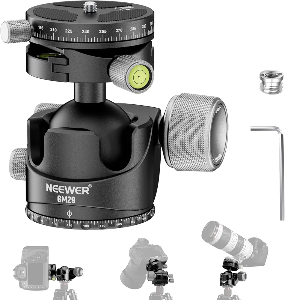 NEEWER Cabezal de Trípode de Perfil Bajo, Cabezal de Bola de Centro de Gravedad Bajo, Panorámica Dual de 360° en Placa Arca y Base para Videocámara de Cámara Monopie Trípode, Carga Máxima 25kg, GM29