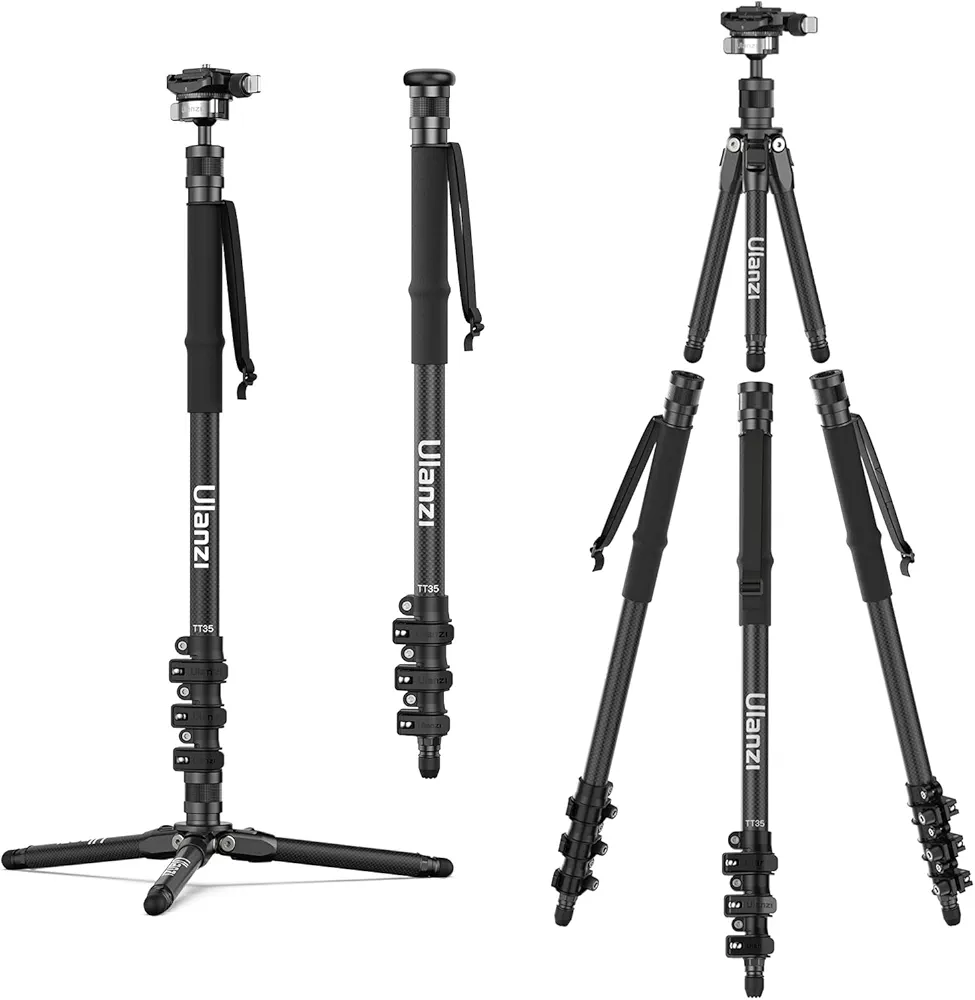 ULANZi 5-en-1 Trípode de Fibra de Carbono, TT35 Kit de Trípode con Bastones de Senderismo, Monopié Brazo de Foto al Aire Libre con Cabeza Panorámica para Cámara DSLR Teléfono, 1.16kg/146cm