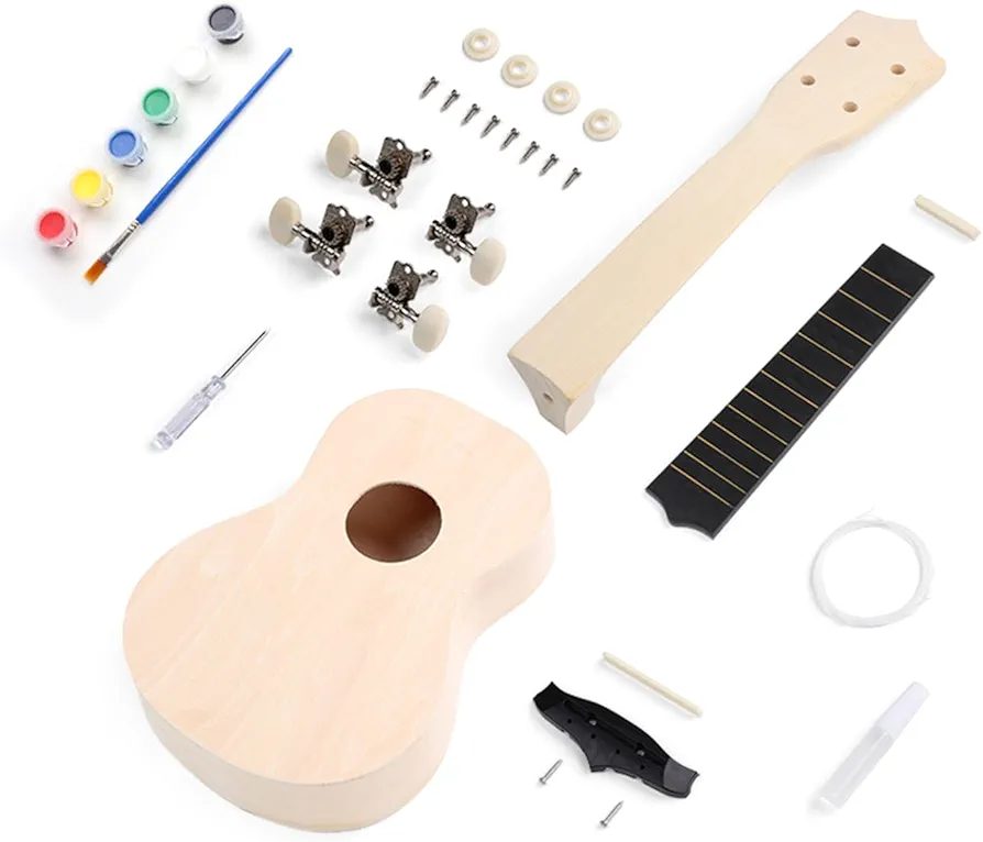 YHAILI Kit de ukelele de madera de 4 cuerdas de 53,3 cm para niños pequeños, juego de montaje de ukelele sin terminar, instrumentos de cuerda para niños principiantes