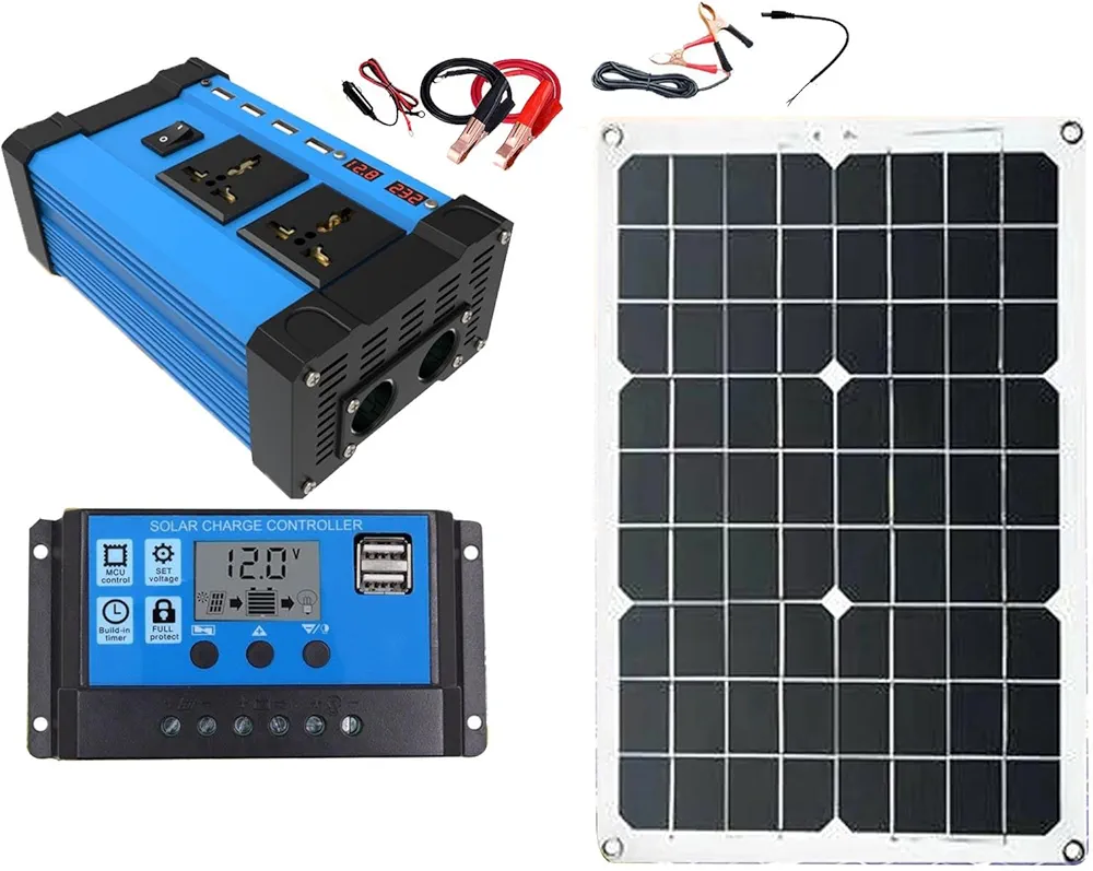 Risegun Generador Electrico Solar, Juego de Paneles solares con batería e inversor, inversor sinusoidal Puro de 300W 12V a 220V, Panel Solar de 18W 18V con Controlador para casa, Autocaravana, camión