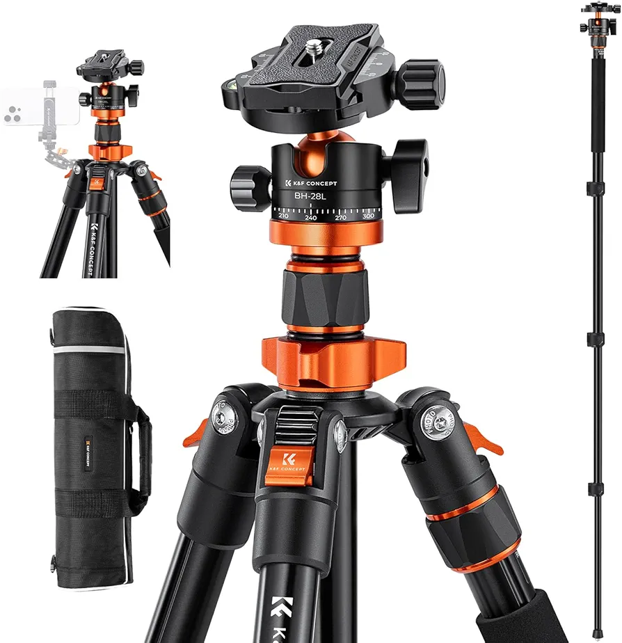 K&F Concept Trípode de Cámara, 200CM Trípode Profesional Estable con Monopié, Trípode Fotografía Compacto con 360° Rótula de Bola y Placa de Liberación para Cámara DSLR K234A7+BH-28L(S210)