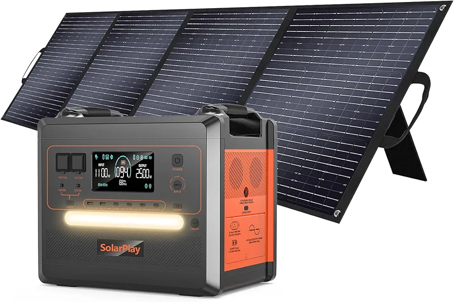 SOLARPLAY Estación de energía portátil, 2304Wh/2500W generador solar + 1 * 200w módulo solar, 12 conexiones, LiFePO4, UPS, 1,5 horas de carga para camping, autocaravanas, apagones, 5 años de garantía