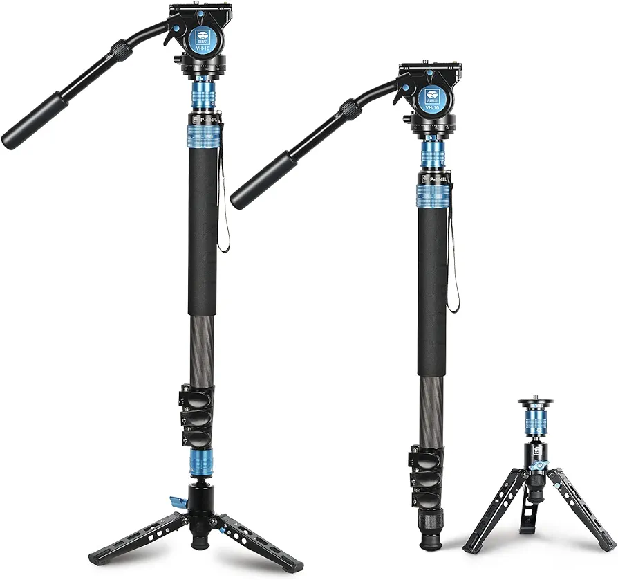 SIRUI P-424FL Monopié de Fibra de Carbono de 190cm con Patas para Cámara, Monopié de Fotografía Profesional de 4 Secciones con Cabezal de Video Fluido VH-10 para Videocámara, Carga Máxima 12kg