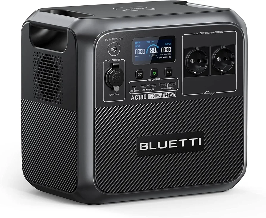 BLUETTI Generador Solar Portátil AC180, 1152Wh LiFePO4 Batería con 2 salidas AC 1800W (2700W Pico), 0-80% en 45 Min, Estación de Energía Solar para Camping, Viajes, Cortes de Electricidad