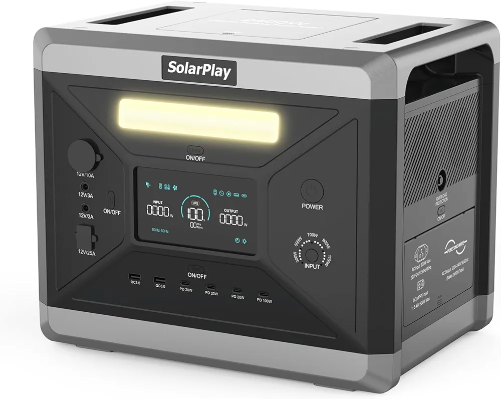 SOLARPLAY Estación de energía portátil estación de carga 2400w,2160wh generador solar, con 12 conexiones de salida, generador de energía solar para camping, con 5 años de garantía