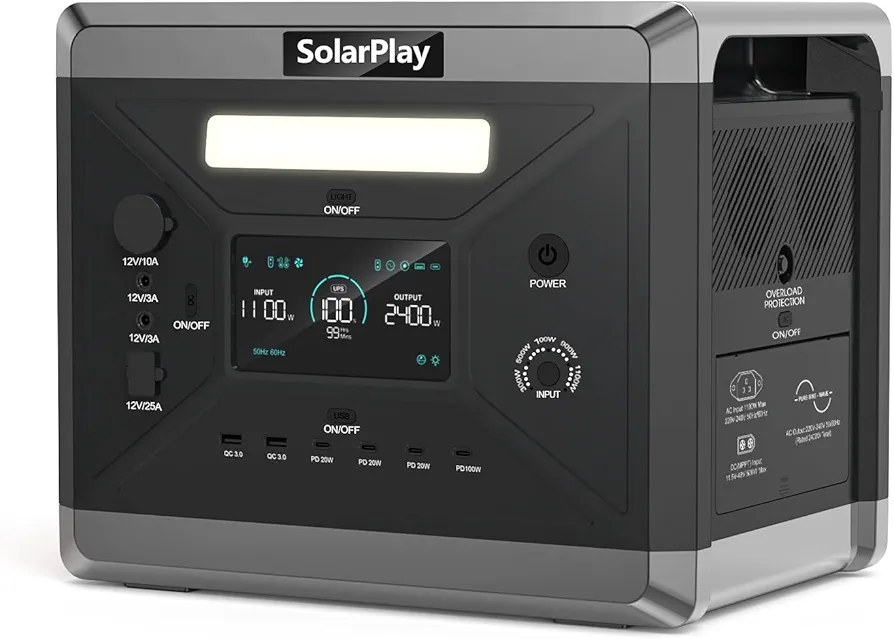 SOLARPLAY Estación de energía portátil estación de carga 2400w,2160wh generador solar, con 12 conexiones de salida, generador de energía solar para camping, con 5 años de garantía