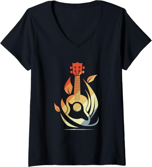 Mujer Instrumento de cuerda Ukelele Sketch Vintage Look Camiseta Cuello V