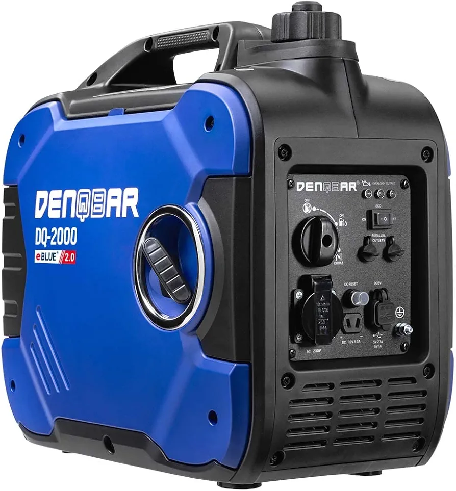 DENQBAR Generador de corriente inverter DQ-2000 2000 W a gasolina con 230 V, carga rápida USB, supersilencioso, motor de 4 tiempos, portátil, para camping, exteriores, obras, viajes, autocaravanas y